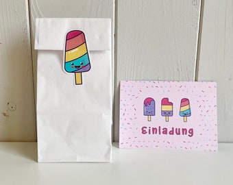 Children's Birthday Invitations with Favor Bags, Summer Birthday Girl, German, Popsicle Stickers with Kraft Paper Party Bags