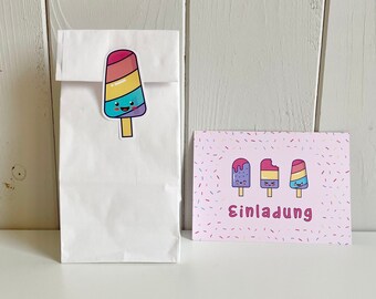Children's birthday invitations with gift bags, summer birthday for girls, German, ice cream on a stick stickers with kraft paper party bags