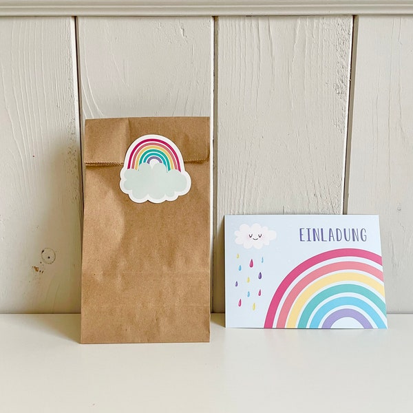 Regenbogen Kindergeburtstag Einladungen mit Wolke, Braun Kraftpapier Partytüten, Text auf deutsch, beschreibbaren Regenbogen Aufkleber