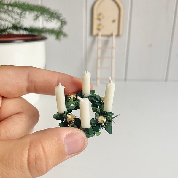 Gnome Advent wreath - BOXWOOD WHITE candles and gold stars, Gnome door accessories, Christmas Gnome Advent, Magical Children's Christmas