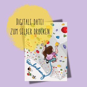 Klimverjaardagsuitnodiging, digitale uitnodigingskaart voor kinderverjaardag, e-card uitnodiging meisje WhatsApp boulderfeestuitnodiging