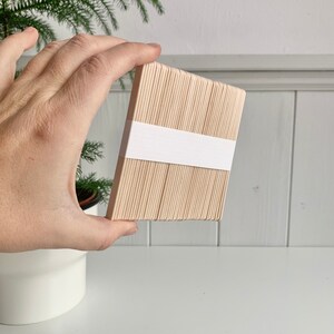 May include: A bundle of natural wood craft sticks, approximately 50 sticks, stacked and held in a hand. The sticks are bundled together with a white label.