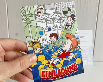 Invitations d'anniversaire pour enfants dans une aire de jeux intérieure, cartes d'invitation pour une fête d'enfants, anniversaire à l'aire de jeux, château gonflable, piscine à balles, toboggans