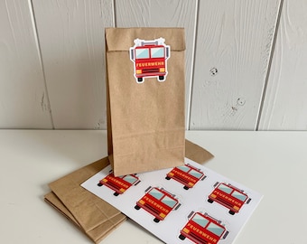 Gift bags with fire engine stickers for fire brigade children's birthdays, brown kraft paper bags ideal for packing party favors