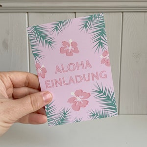Hawaii Party Einladungen, Kindergeburtstag Party Einladungskarten, Aloha Geburtstag Einladungen, Pastellrosa Blumen, Palmen, Beach Party