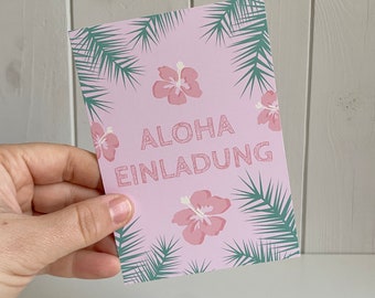 Hawaii Party Invitations, Kids Birthday Party Invitation Cards, Aloha Birthday Invitations, Pastel Pink Flowers, Palm Trees, Beach Party