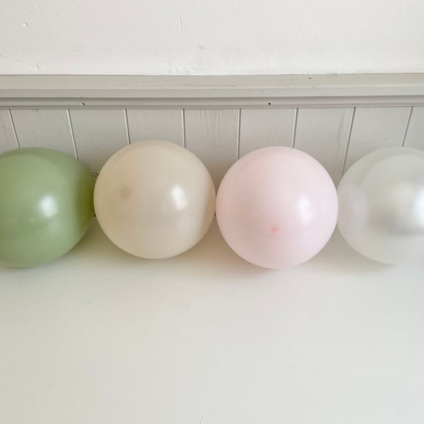 Party balloons, sage green eucalyptus, pastel pink, sand, pearl white balloons for JGA decoration, baptism, baby shower, first birthday, wedding