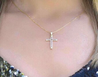 Small Cross Necklace, Solid Gold Small Christian Necklace, Dainty Cross Necklace, Minimalist, Handmade Jewelry, Necklace for women