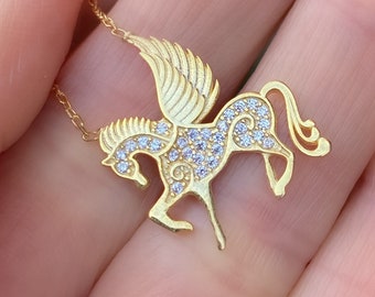 Swarovski Crystal Pegasus necklace - 925 Sterling Silver 14K Gold vermeil pegasus necklace - Horse with wings necklace- Mother&#39;s Day gift