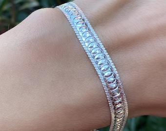 Wide Flat Silver snake bracelet- 925 sterling silver- Thick Herringbone chain- Engraved - Cleopatra bracelet- Christmas gift