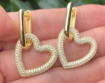 White Swarovski Crystal Heart Sterling Silver Earrings (PAIR)- Fantasy  Earrings-14K Gold vermeil Earrings with Dangling Heart - luxury gift