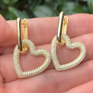 White Swarovski Crystal Heart Sterling Silver Earrings (PAIR)- Fantasy  Earrings-14K Gold vermeil Earrings with Dangling Heart - luxury gift