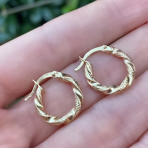 Solid Gold Mini Twisted Hoops (PAIR) Medium - 14K Real Fine Gold Pipe Hoop earrings- Minimalist - Braided Earrings- 14 ct- Christmas gift