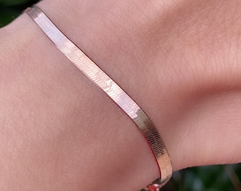 Bracelet serpent plat en or rose, bracelet de poignet, bracelet serpent en argent sterling 925, chaîne à chevrons, cadeau de Noël