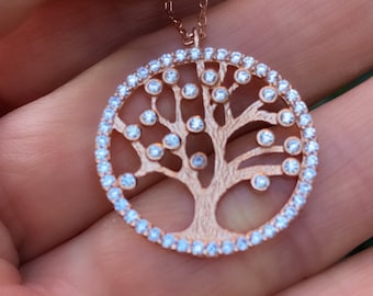 Swarovski Crystal Tree of Life Rose Gold necklace - 925 Sterling Silver Rose Gold vermeil Tree of Life  pendant - St Valentines Day gift