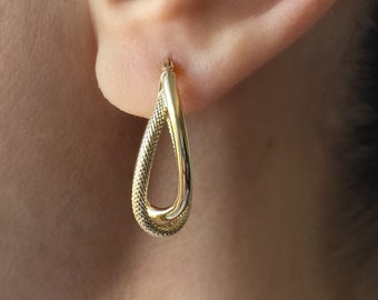 Solid Gold Twisted Hoops (PAIR) Medium - 14K Real Fine Gold Pipe Hoop earrings- Oval hoops- Braided Earrings- 14 ct- Christmas gift