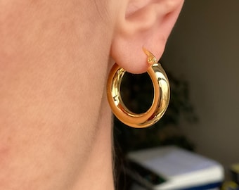 Medium Pipe Hoops-Gold tube hoop earrings-Tube Gold hoops- Thick Round Earrings- Thick Huggies- Chunky Earrings  | Brass | Mothers day