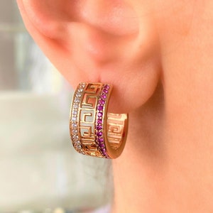Ruby and white crystal Rose Gold hoop earrings (PAIR)- Huggie Brass earrings-  Rainbow Cluster huggie - mothers day gift