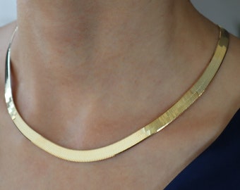 Cadena de serpiente plana de oro de 14K / Gargantilla de plata de serpiente gruesa / Collar de espiga gruesa / Plata de ley 925 / Cadena de oro / Regalo de Navidad