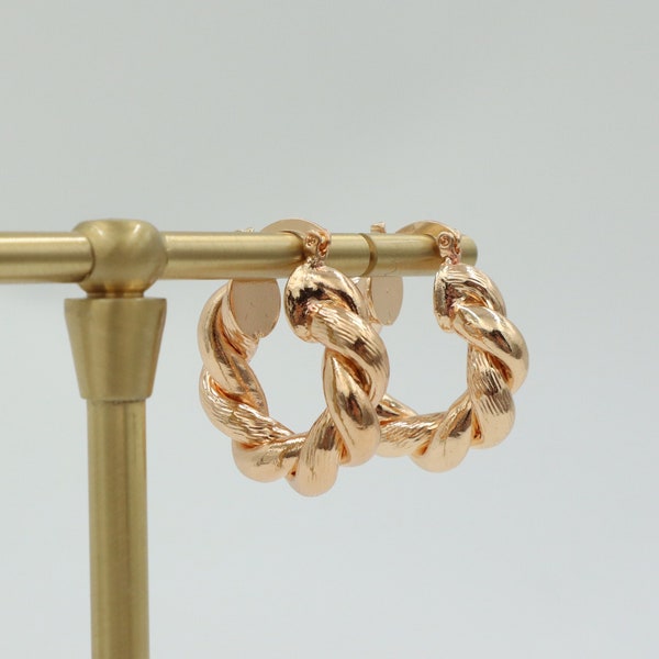 Twisted Light Rose Gold Thick Hoop Earrings (PAIR) - Thick Huggies- Chunky Earrings