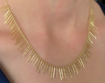 14K Gold Fringe Necklace on 925 Sterling Silver - Cleopatra necklace - Etruscan necklace - stick bar necklace- chrismas gift
