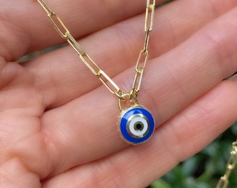 Evil Eye Paperclip Italian necklace -  18K Gold vermeil on to 925  sterling silver  - Rectangle link chain- Layering necklace- Christmas