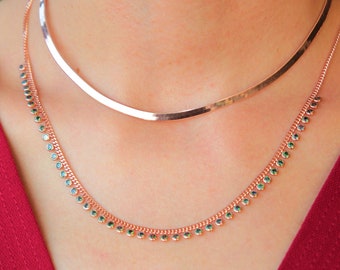 14K Rose Gold  Filled Curb chain , Zircon Beads Chain ,  Rose Gold over 925 Sterling silver  - rose gold necklace - Disk Beads  Chain