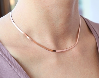 14K Rose Gold  flat snake chain , flat snake chain ,  Rose Gold over 925 Omega Choker - rose gold necklace - Christmas gift