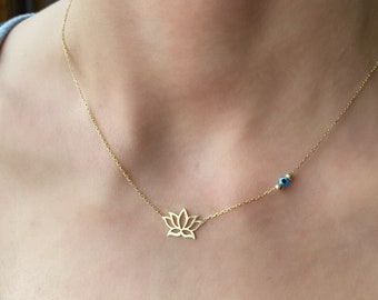 Mini Lotus with Blue Evil eye Pendant  14K Gold necklace - 925 Sterling Silver 14K Gold vermeil Mini Lotus - Evil eye necklace- Mothers Day