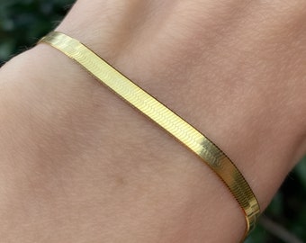 Flache Schlange 18K Gold Armband, Handgelenk Armband, 18K Gold vermeil auf 925 Sterling Silber Schlangen Armband, Fischgrät Kette