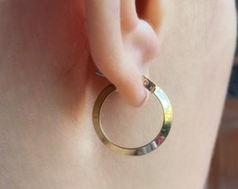 Solid Gold Disc Shape Hoops (PAIR) Medium- 14K Real Fine Gold Pipe Hoop earrings- Minimalist Tube hoops- Twisted-14 ct Solid Gold- Christmas