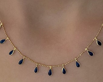 Navy Blue Swarovski Crystal Cluster Collana in oro 14 K su argento Sterling 925, collana a goccia con catena di perline, catena a sfere blu scuro