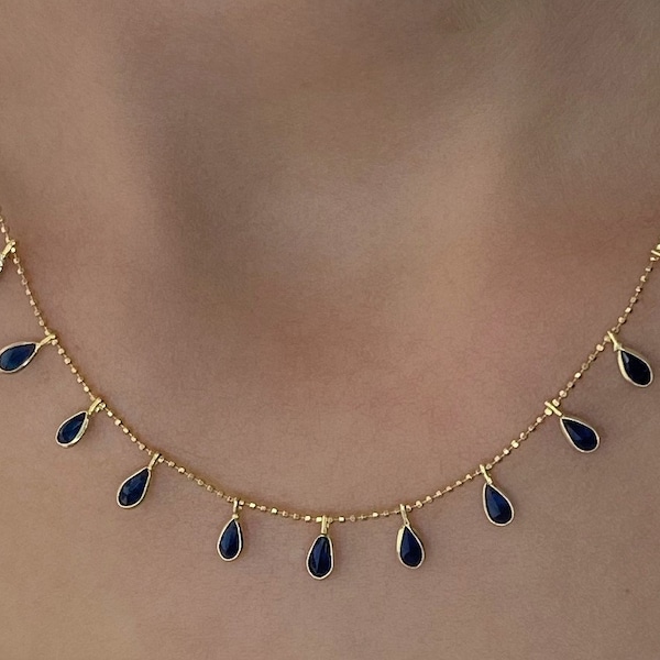 Navy Blue Swarovski Crystal Cluster 14 K Gold necklace on 925 Sterling silver, Teardrop necklace with bead chain, Dark blue ball chain