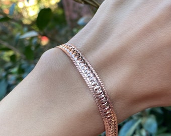 Wide Flat Rose gold snake bracelet- 925 sterling silver- Thick Herringbone chain- Engraved - Cleopatra bracelet- Christmas gift