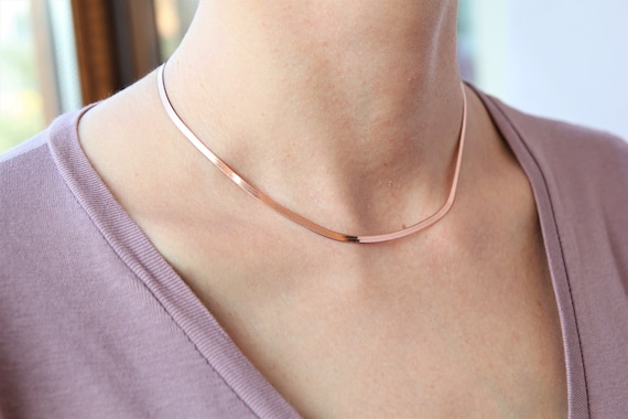 14K Rose Gold Snake Chain Necklace, Italian Herringbone Chain