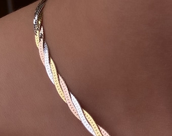 Tricolor Braided Flat snake necklace -  925 sterling silver-  Braided Herringbone chain- mother’s day gift
