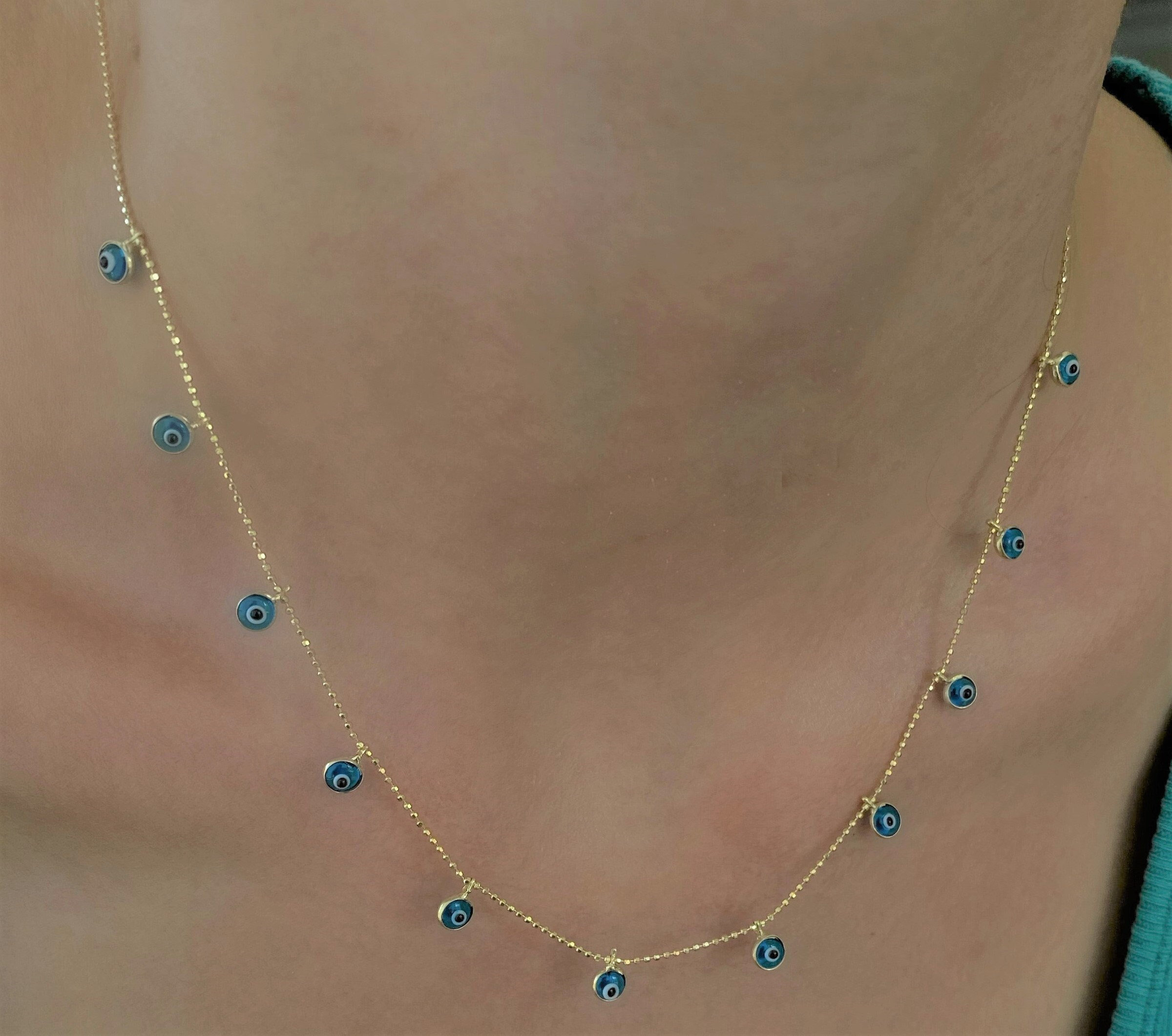 Evil Eye Crystal 14K Gold Necklace on 925 Sterling Silver Evil
