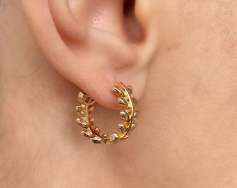 Leaves Gold Medium size Hoop Earrings (PAIR) - Mini Olive Leaf Huggies- Chunky Earrings - Brass jewelry