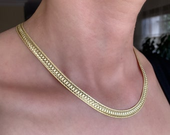 Wide Flat Gold Herringbone Chain Necklace – Engraved Sterling Silver