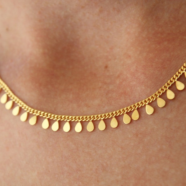 18K Gold  Vermeil Curb chain , Teardrop Beads Chain ,  Gold over 925 Sterling silver  - gold necklace - Drop Beads  Chain