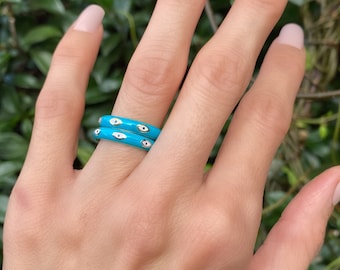 Blue enamel evil eye rings- Adjustable stackable 925 Sterlin Silver rings- 14K gold vermeil, Rose Gold, Silver