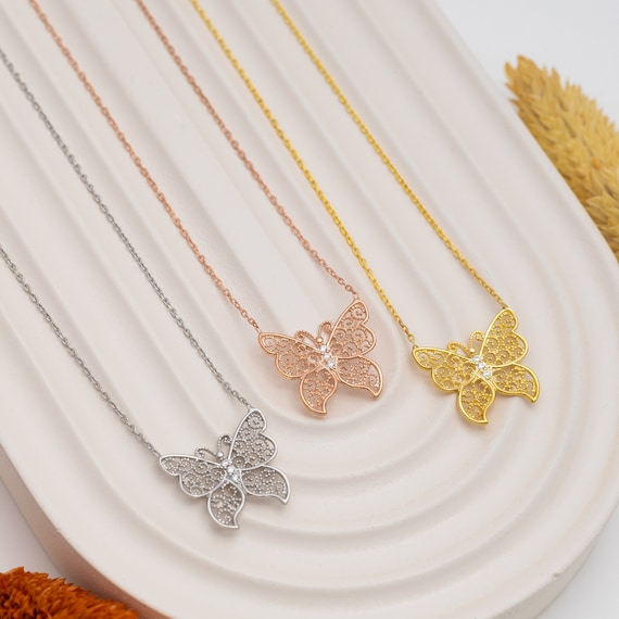 Collier Sautoir Style Papillon Filigrane Argenté - Garanti Sans Nickel, Neuf Avec étiquettes