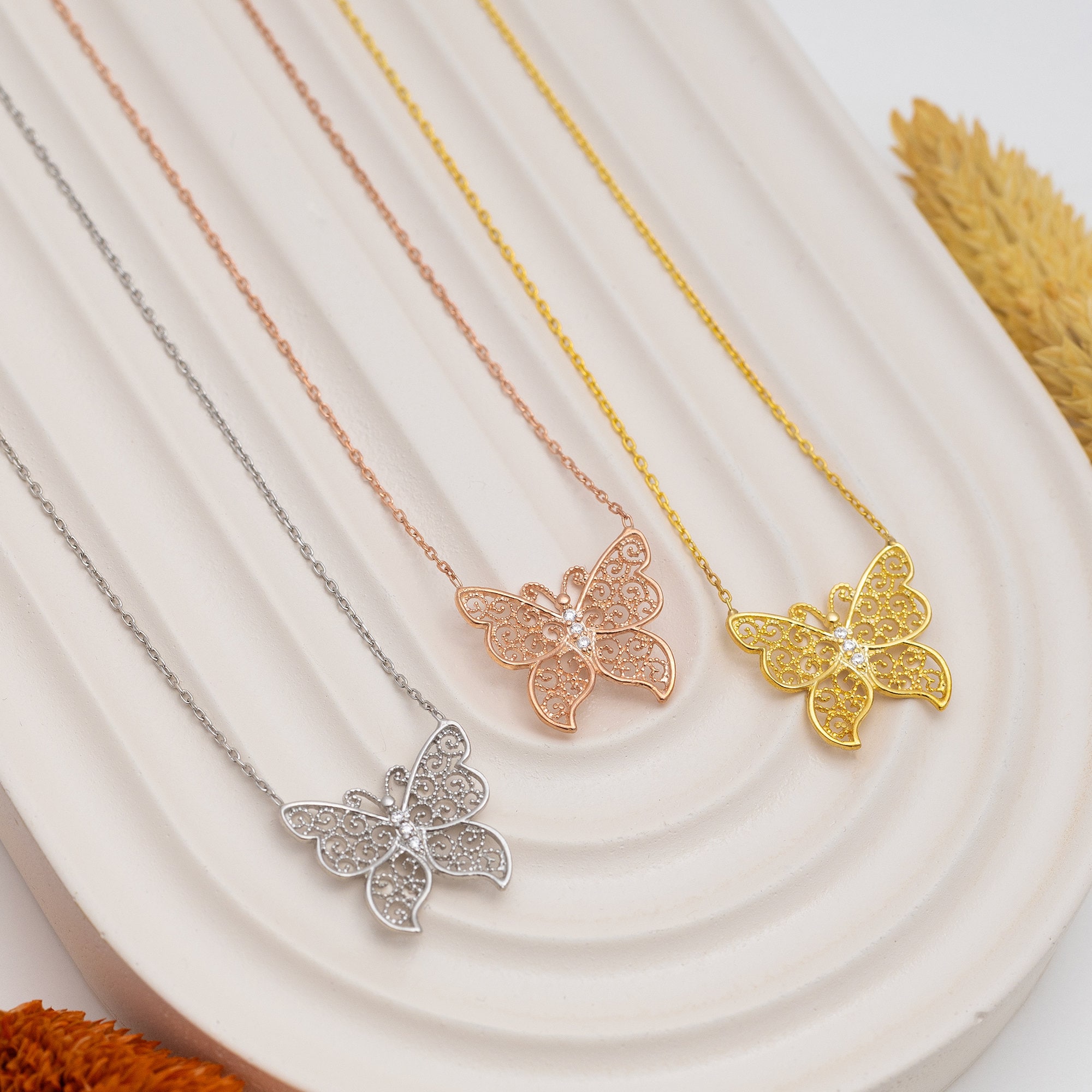 PERORNO Collana a farfalla con zirconi, argento 925 placcato oro rosa
