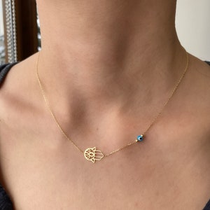 El Hamsa with Blue Evil eye Pendant 14K Gold necklace - 925 Sterling Silver Gift for mom - Hand of Fatima - Evil eye amulet