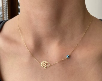 El Hamsa with Blue Evil eye Pendant 14K Gold necklace - 925 Sterling Silver Gift for mom - Hand of Fatima - Evil eye amulet