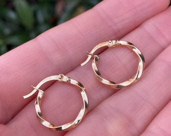Solid Gold Mini Twisted Hoops (PAIR) Medium - 14K Real Fine Gold Pipe Hoop earrings- Minimalist - Braided Earrings- 14 ct- Christmas gift