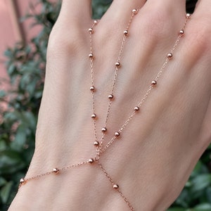 14K Rose Gold Dainty Hand Bracelet on 925 Sterling Silver / shahmaran Rose Gold Hand Moon Cut Bead Chain /Slave Bracelet/ ball chain