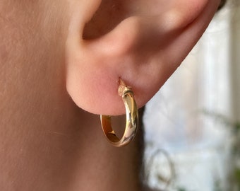 Solid Gold Mini Hoops (PAIR) Medium- 14K Real Fine Gold Pipe Hoop earrings- Mini huggies - Twisted-14 ct Solid Gold earrings - Christmas