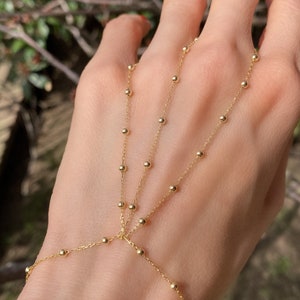 14K Gold Vermeil Dainty Hand Bracelet on 925 Sterling Silver / shahmaran /Gold Hand Moon Cut Bead Chain /Slave Bracelet/ ball chain
