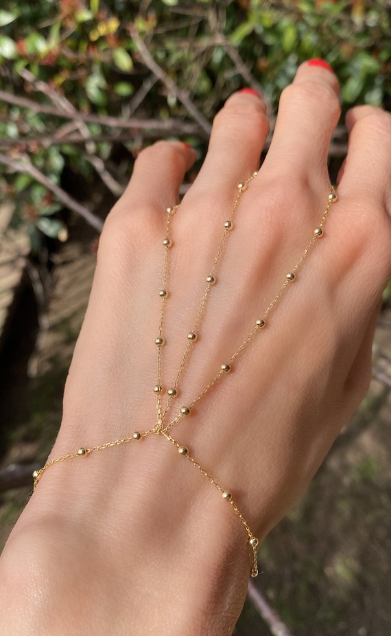 14K Gold Vermeil Dainty Hand Bracelet on 925 Sterling Silver shahmaran Gold Hand Moon Cut Bead Chain Slave Bracelet ball chain